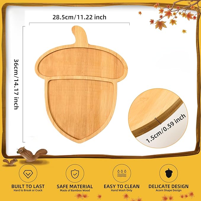 AWIZOM Acorn Shape Bamboo Serving Tray Thanksgiving Wooden Serving Platter Wood Snack Cheese Charcuterie Boards Wooden Acorn Dish Plate for Halloween Autumn Harvest Party Supplies,11.22x14.17x0.59