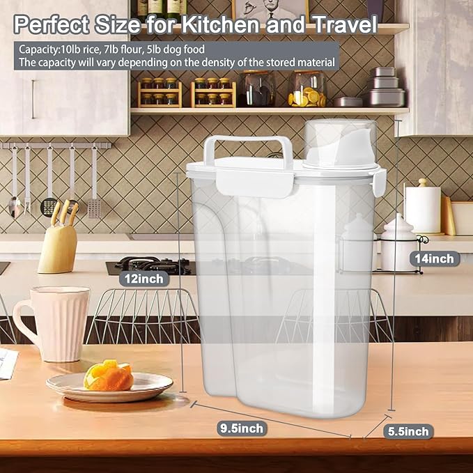 Rice Container, Airtight Rice Storage Container 10lb, Cereal Containers Storage, BPA Free Food Dispenser with Pouring Spout Handle for Flour Pasta Grain, Pet Dog Cat Bird Food Storage Container