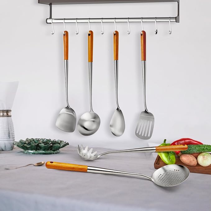 16.6 inch Stainless Steel Kitchen Utensils Set with Wood Handle, 6pcs Long Metal Cooking Utensils Set for Commercial Includes Wok Spatula, Ladle, Skimmer, Slotted Turner, Spoon