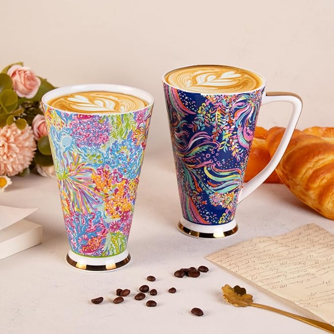 KAMMAK Ceramic Coffee Mugs 17 oz Tall Porcelain Coffee Cups Set of 2 Large Tea Mugs with Handle Vintage Tea Cups Cappuccino Mug for Latte, Espresso, Americano, breakfast cereal, Hot Cocoa, Drinks