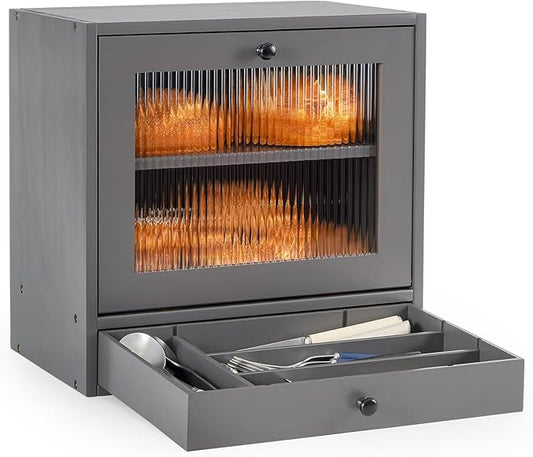 Sunhoo Bread Box for Kitchen Countertop Bin 2 Layer Wooden Bread Storage Breadbox Holder Large Capacity Container Bread Organizer Farmhouse Keeper Shelf with Drawer Acrylic Window (Grey