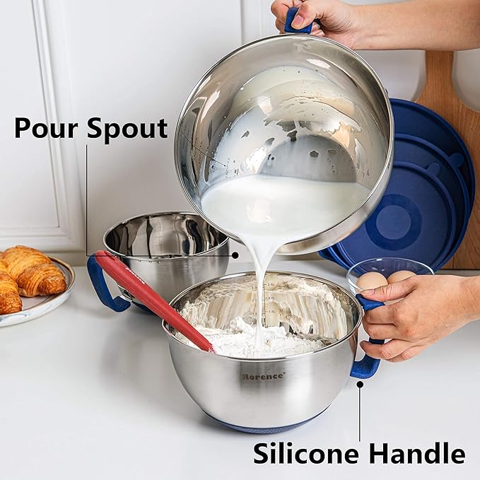 Rorence Mixing Bowls Set: Stainless Steel Non-Slip Bowls with Pour Spout, Handle and Lid - Set of 3 - Blue