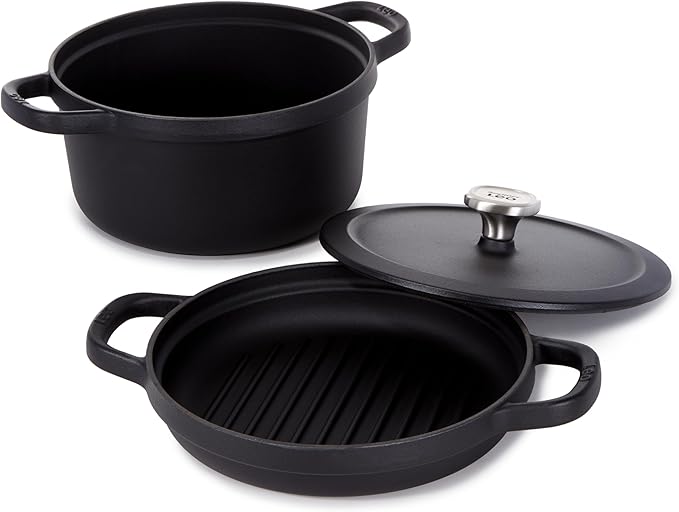BergHOFF Graphite 3Pc Enameled Cast Iron Cookware Set With Self-basting Universal Lid, Induction Pots and Pans, Oven-to-Table Cookware, For Slow Cooking