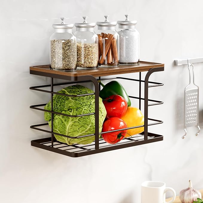 2 Pack Storage Stackable Kitchen Laundry Pantry Organizers,Wall Mount Trash Bag Holder Dispenser with Bamboo Top Countertop Organizer,Brown