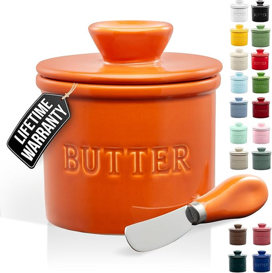 Zulay Kitchen Porcelain Butter Crock With Lid & Knife - Authentic French Butter Dish For Fresh & Spreadable Butter - Orange