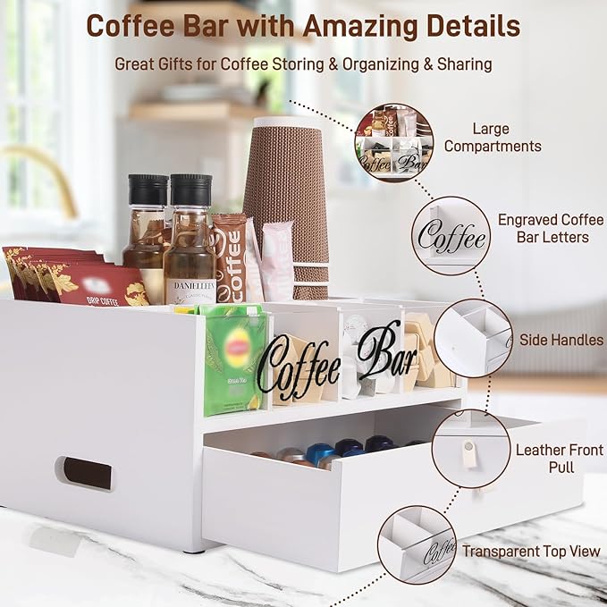 2-Tier Coffee Bar Organizer with Clear Acrylic Top, Built-in Drawer and Leather Handle Pull for Countertop, Stylish Coffee Station Storage Box for Accessories, Pods, Great Gifts for Home