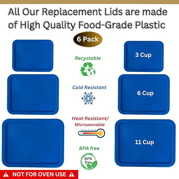 3, 6 & 11 Cup Blue Replacement Lids/Covers for Pyrex, Anchor Hocking & KlareWare Storage Bowls *Lids Only Glass Container Not Included* (6 Pack *Two of Each Size*)