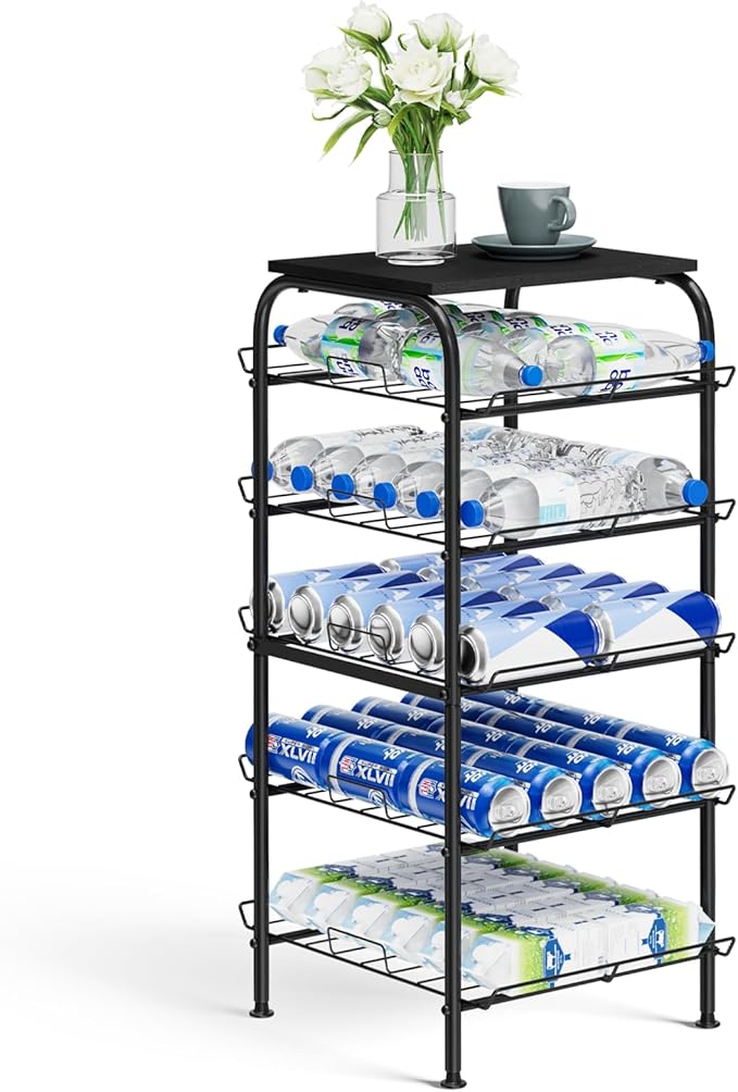 Vrisa 5 Tier Water Bottle Storage Rack Vertical Freestanding Bottled Water Organizer Large Capacity Beverage Drink Soda Can Holder Stand for Kitchen Pantry Home Party Food Storage, Black