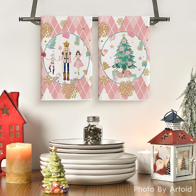 Pink Nutcrackers Tree Christmas Kitchen Towels Dish Towels 18x26 Inch Set of 2