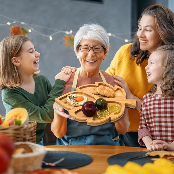 AWIZOM Leaf Wooden Serving Platter Thanksgiving Bamboo Serving Tray Wooden Snack Cheese Charcuterie Board Sectional Wood Fall Leaf Dish Plate for Fall Autumn Harvest Party Supply,11.02x14.56x0.79