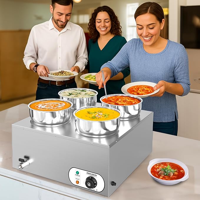 ROVSUN 30QT Commercial Soup Warmer, Electric Food Warmer Steam Table, 1500W Countertop Bain Marie with Four 7.4QT Pots, 86~185°F Adjustable Temperature, Lid and Tap for Buffet Restaurant