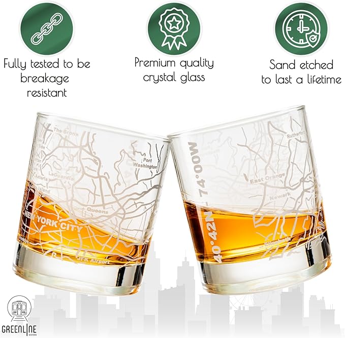 Greenline Goods Whiskey Glasses - 10 Oz Tumbler Gift Set for New York City lovers, Etched with New York City Map | Old Fashioned Rocks Glass - Set of 2