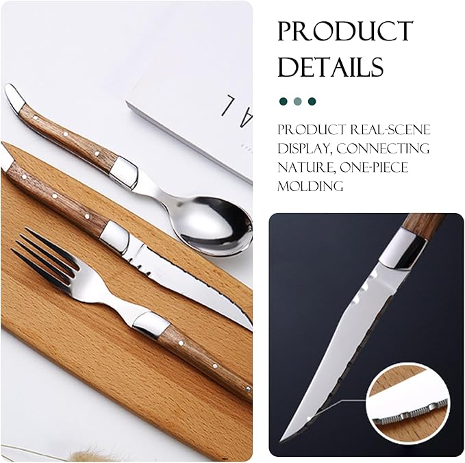 6 Piece Silverware Set, Flatware Set for 2, 1810 Stainless Steel Tableware Cutlery Set With Golden teak wood handle, Utensil Sets for Kitchen,Dishwasher Safe (6pcs)