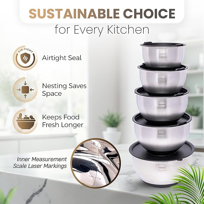 Stainless Steel Mixing Bowls Set of 5, Large Nesting Bowls with Airtight Lids for Food Prep, Cooking, Baking, Salad, and Outdoor Dining (Black, 5 Pcs)