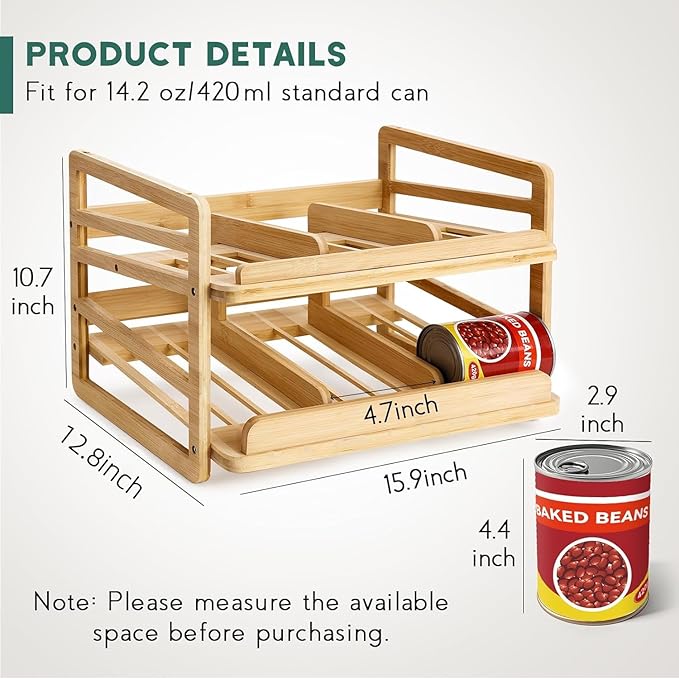Rolling Bamboo Can Organizer Rack, Stackable Double-Layer Can Organizers and Storage For Pantry, Canned Goods Holder Dispenser For Countertop Kitchen Cabinet or Pantry Shelf