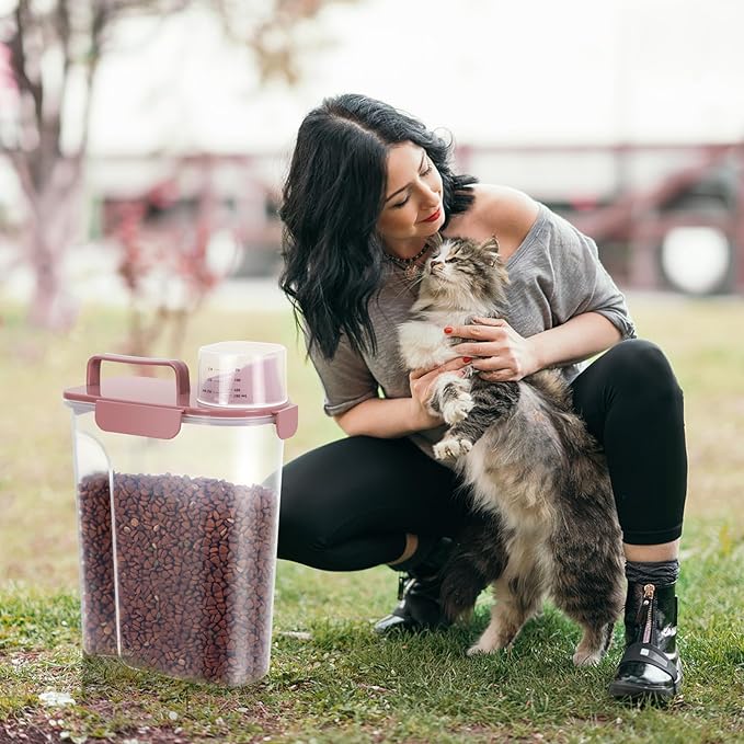 5-7Lbs Cat Dog Storage Container, Portable Pet Food Containers with Upgraded Large Spout and Cup, Small Animal Kibble Dispenser for Bird Seed, Oatmeal, Rice, Flour (1, Pink, 5L)