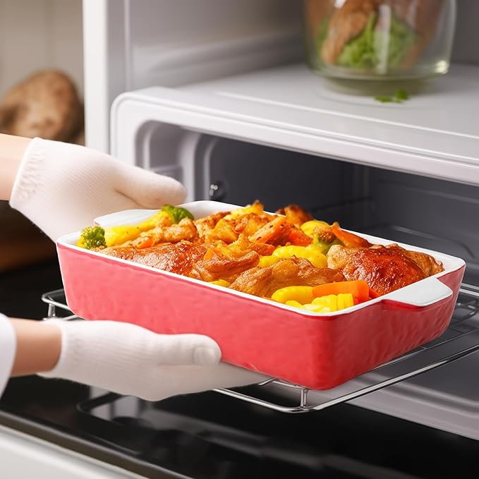4 QT Baking Dish, Casserole Dishes for Oven, 9x13 Baking Pan with Handles, Lasagna Pan Deep, Ceramic Casserole Dish Oven Safe for Baking, Lasagna, Kitchen, Wedding Gift (Red)