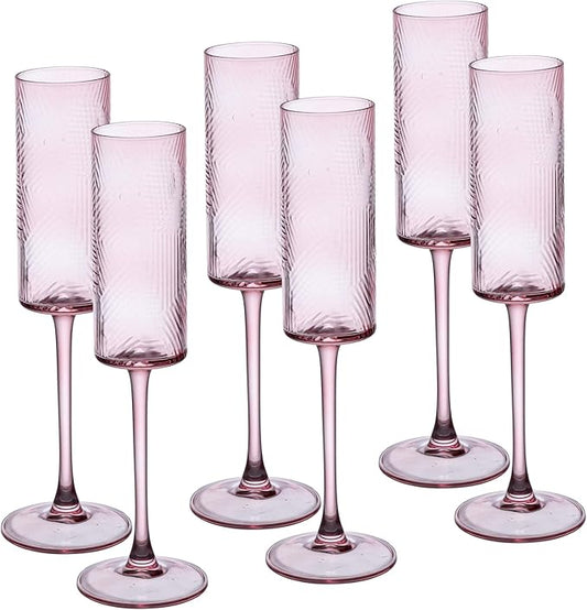 6 Pieces Pink Champagne Flutes,6 OZ Twill Pattern Striped Vintage Stem Glasses Stemware Wine Glasses Champagne Long Stem Drinking Colored Glasses Goblets for Wedding Cocktail Cups,Cava, Prosecco
