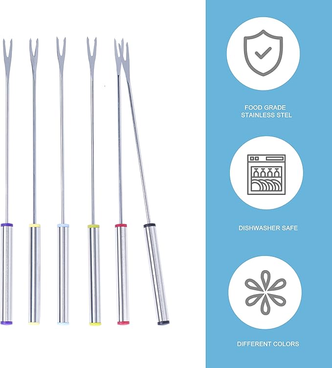 6PCS 9.5 Inch Fondue Sticks Stainless Steel Barbecue Forks with Heat Resistant Handle for Roast Meat Chocolate Dessert Cheese Marshmallows