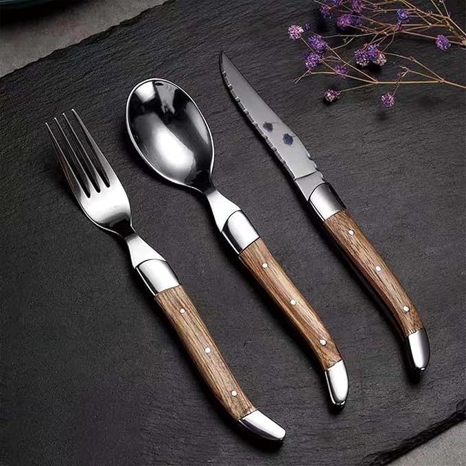 6 Piece Silverware Set, Flatware Set for 2, 1810 Stainless Steel Tableware Cutlery Set With Golden teak wood handle, Utensil Sets for Kitchen,Dishwasher Safe (6pcs)