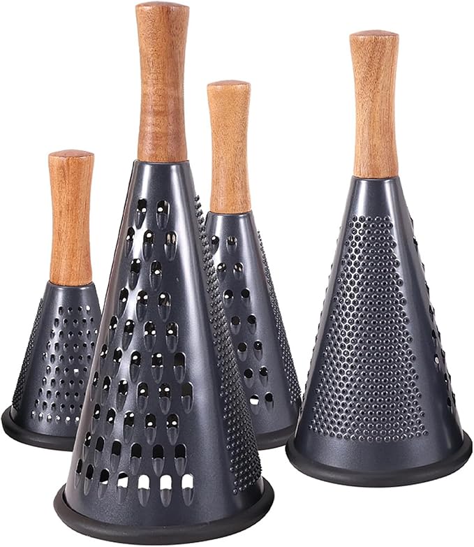 Cone Cheese Grater with Handle Stainless Steel Grater Triple Function Wood Handle Shredder Non-Slip Rubber Bottom Hand Held Multifunction Vegetables Grater Black 4-Size (Size L: 10.6" X 4.7" Black)