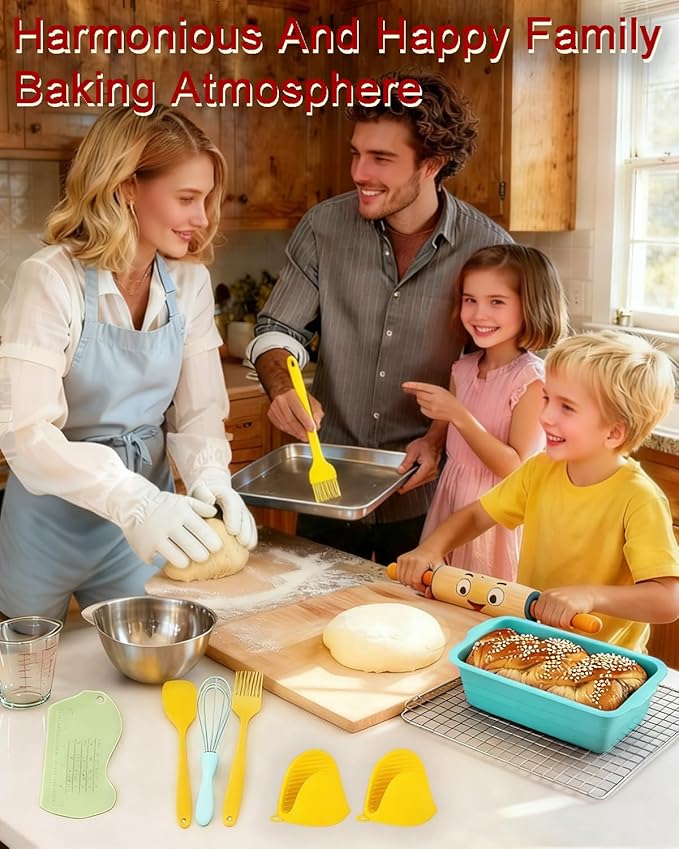 Large size foldable silicone bread loaf pan with lid,11x4.7 Inch easy to store non stick Bread Baking Pans,Sourdough Bread Pan with Baking Tool Supplies Kit for Homemade Bread, Cake