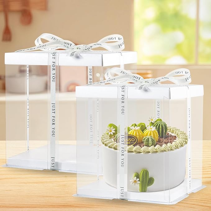 8 Packs Tall Cake Boxes with Ribbon ,10x10x9 inches Bakery Boxes ,White Multi-Layer Cake Containers for Birthday,Wedding,Halloween(White, 10*10*9inch/8pcs)