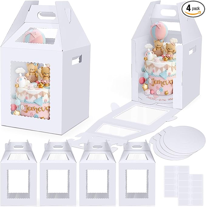 Tall Cake Boxes for Tier Cakes with Cake Boards 4 Pack 10x10x12 Inch Large Tiered Cake Carrier Containers with Window for Wedding Birthday Bakery
