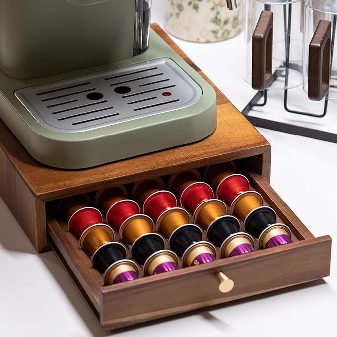 Acacia Wood Coffee Pod Drawers Compatible with Nespresso Original Line, Pods Holder, Organizer, Storage, Container, Tray, Capsule Cup Holder for Countertop, Porta Capsulas De Cafe, 40 Pods Capacity