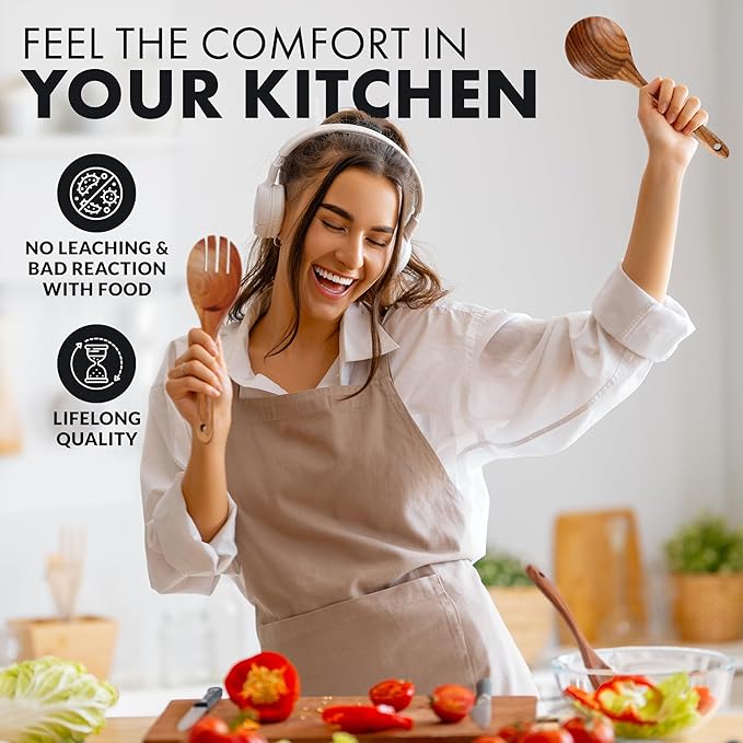 Zulay Kitchen Premium 8-Piece Wooden Spoons - Smooth Finish, Natural Teak Wood, Non-Stick, Handmade