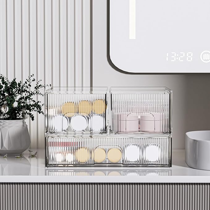 ZHIAI 3 Pack Clear Stackable Cosmetic Organizer with Acrylic Drawers for Cosmetics and Small Items for Dresser, Vanity, Kitchen Cabinet, Pantry, Home Organization and Storage