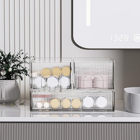 ZHIAI 3 Pack Clear Stackable Cosmetic Organizer with Acrylic Drawers for Cosmetics and Small Items for Dresser, Vanity, Kitchen Cabinet, Pantry, Home Organization and Storage