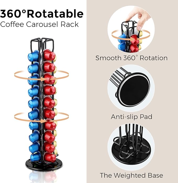 Coffee Pod Holder Compatible with Nespresso Original Capsule– Holds 40 Pods, 360° Rotating Coffee Carousel Storage, Space-Saving Countertop Organizer, Stylish Gift for Coffee Lovers (Black)