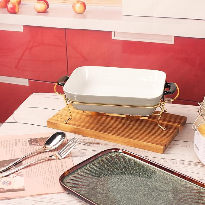 Ceramic Casserole Dish 1.3 Quart Bakeware with rack, 9 x 6 Lasagna Pan, Buffet, hot pot, Catering Casserole for party, Bakeware With Handle, Microwave, Dishwasher, Oven Safe (Gray with rack)