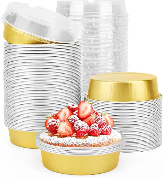 Beasea Disposable Pie Tins 4 Inch, 100 Pack Mini Tart Pans with Lids, 8 Oz Golden Aluminum Pie Pan Tin Tart Pans Round Oven Baking Mini Cake Pan for Pie Tart Quiche