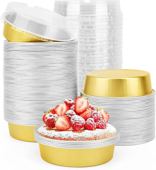 Beasea Disposable Pie Tins 4 Inch, 100 Pack Mini Tart Pans with Lids, 8 Oz Golden Aluminum Pie Pan Tin Tart Pans Round Oven Baking Mini Cake Pan for Pie Tart Quiche