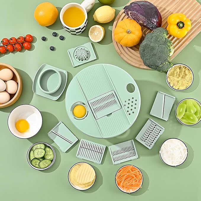 Large Salad Spinner and Slicer - 5.3 Qt, Grater with Container and Lid & Kitchen Gadget set, Vegetable Dryer Grater, with Fruits Wash Bowl, with Slicer and Shredder (Light Green)
