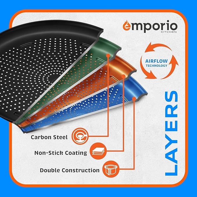 Non-Stick Pizza Pan 2 Pack – 16 Inch Round Carbon Steel Pizza Tray with Perforated Holes, PFOAPFOSPTFE-Free, Dishwasher & Oven Safe Up To 450°F, Durable Nonstick Gray Coating