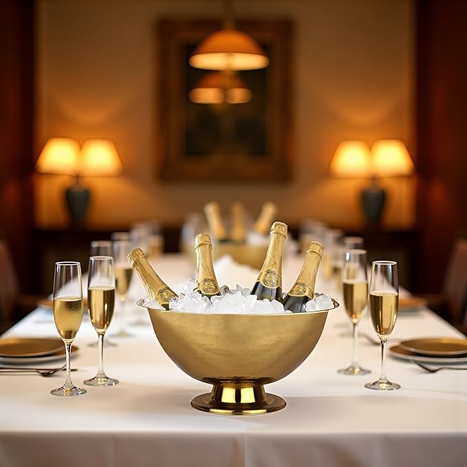 Cruiser’s Caché 16" Footed Champagne Bucket, Beverage Tub, Wine and Champagne Server, Stainless Steel with Gold Hammered Finish