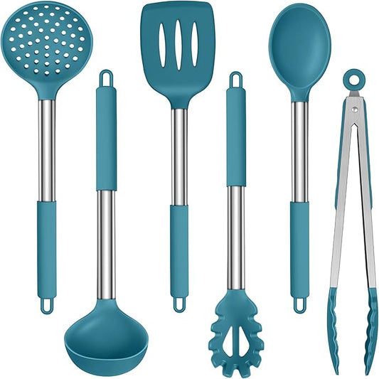 LIANYU Silicone Kitchen Cooking Utensils Set, 6Pcs Heat Resistant Kitchen Tools Spatula for Nonstick Cookware, Slotted Turner, Spoon, Soup Ladle, Pasta Server, Skimmer, Tongs, Blue