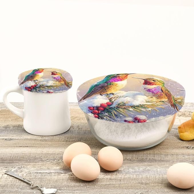 5 Pcs Bowl Covers Reusable in 5 Size Elastic Food Cover Cloth Lids Fresh Keeping Dish Cookware Bakeware Fabric Covers Lids for Food Leftovers Fruits Storage Winter Hummingbirds and Pine Tre