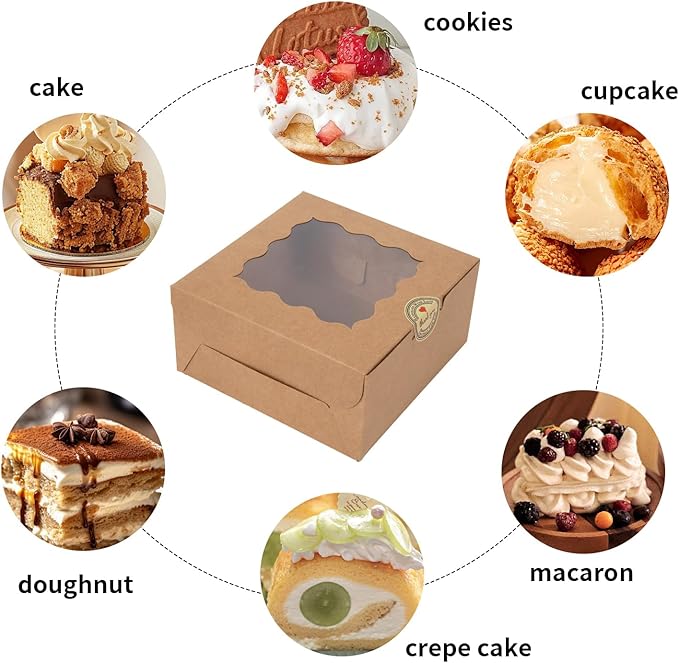 36 pcs 6x6x3 Inches Small Cake Box with Window, Bakery Pastry Cookie Boxes, Mini Pie for Pastry,Dessert,Strawberries,Chocolates, Cupcakes with paper stickers (Brown)