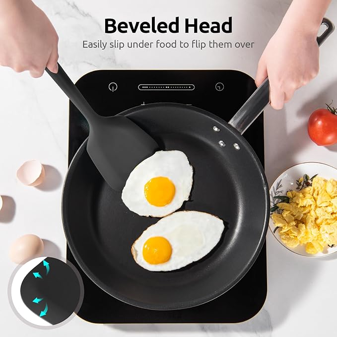 600ºF Heat Resistant Silicone Turner: U-Taste 13.6in Solid Kitchen Spatula Flipper, Food Grade Flexible & Thin Rubber Seamless Cooking Utensil for Flipping Egg, Pancake in Nonstick Cookware (Black)