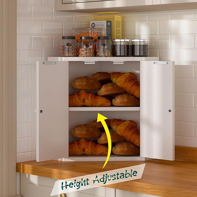 Corner Bread Box for Kitchen Countertop,Storage Container for Homemade Bread, Double Layer BreadBox, Large Capacity Bread Storage Bin, Vintage Farmhouse Breadbox Organizer,White