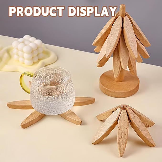 Christmas Tree Trivet Set of 4, Natural Tree Trivet Set - 4 Wooden Trivets & 1 Stand Like a Christmas TRE, Foldable Wood Coasters Heat Resistant Coasters for Hot Pots, Rustic Kitchen(Set A,1pc)
