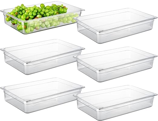 CURTA 6 Pack NSF Food Pans, Full Size 4 Inch Deep, Commercial Polycarbonate Plastic Clear Freezer-Safe
