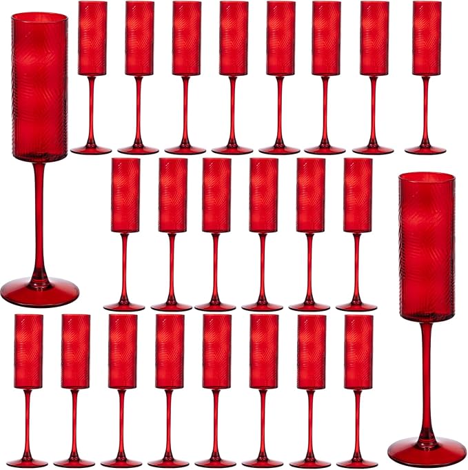 24 Pieces Red Champagne Flutes,6 OZ Twill Pattern Striped Vintage Stem Glasses Stemware Wine Glasses Champagne Long Stem Drinking Colored Glasses Goblets for Wedding Cocktail Cups,Cava, Prosecco