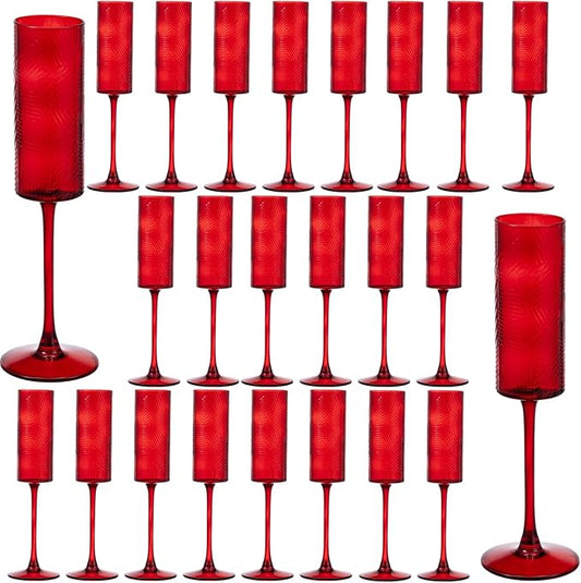 24 Pieces Red Champagne Flutes,6 OZ Twill Pattern Striped Vintage Stem Glasses Stemware Wine Glasses Champagne Long Stem Drinking Colored Glasses Goblets for Wedding Cocktail Cups,Cava, Prosecco