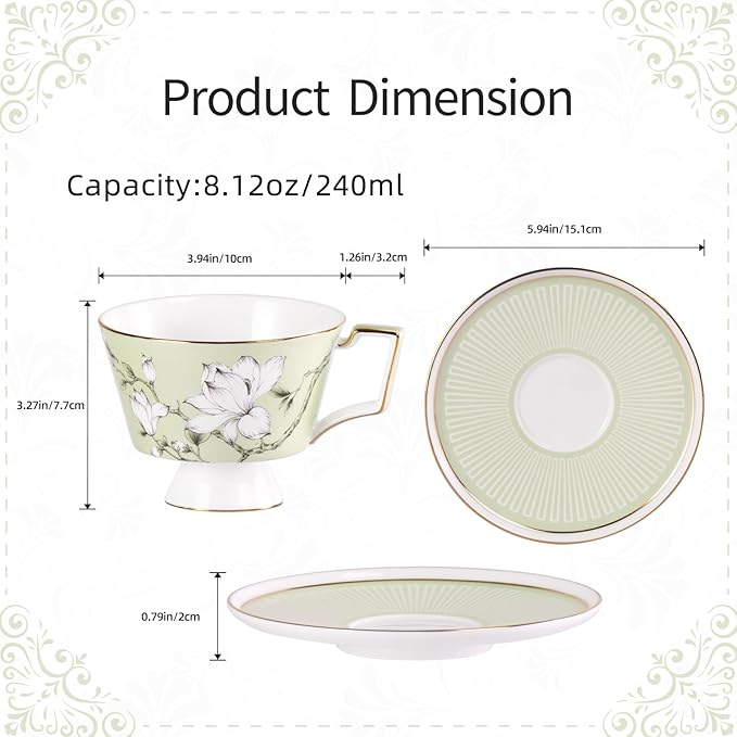 KAMMAK Ceramic Tea Cup and Saucer Set with Gold Trim, Magnolia Flower Pattern, 240ml Elegant Bone China Coffee Cup Set in Blue & Sage Green for Afternoon Tea, Gift for Women