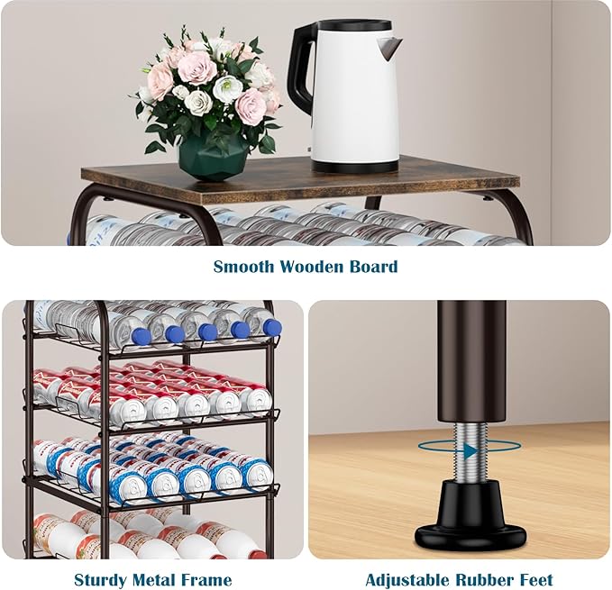 smusei Water Bottle Organizer 5 Tier Free Standing Water Bottle Holder Rack Large Capacity Bottled Water Storage Rack Metal Soda Can Beverage Drink Stand Shelf for Kitchen Pantry Office, Brown